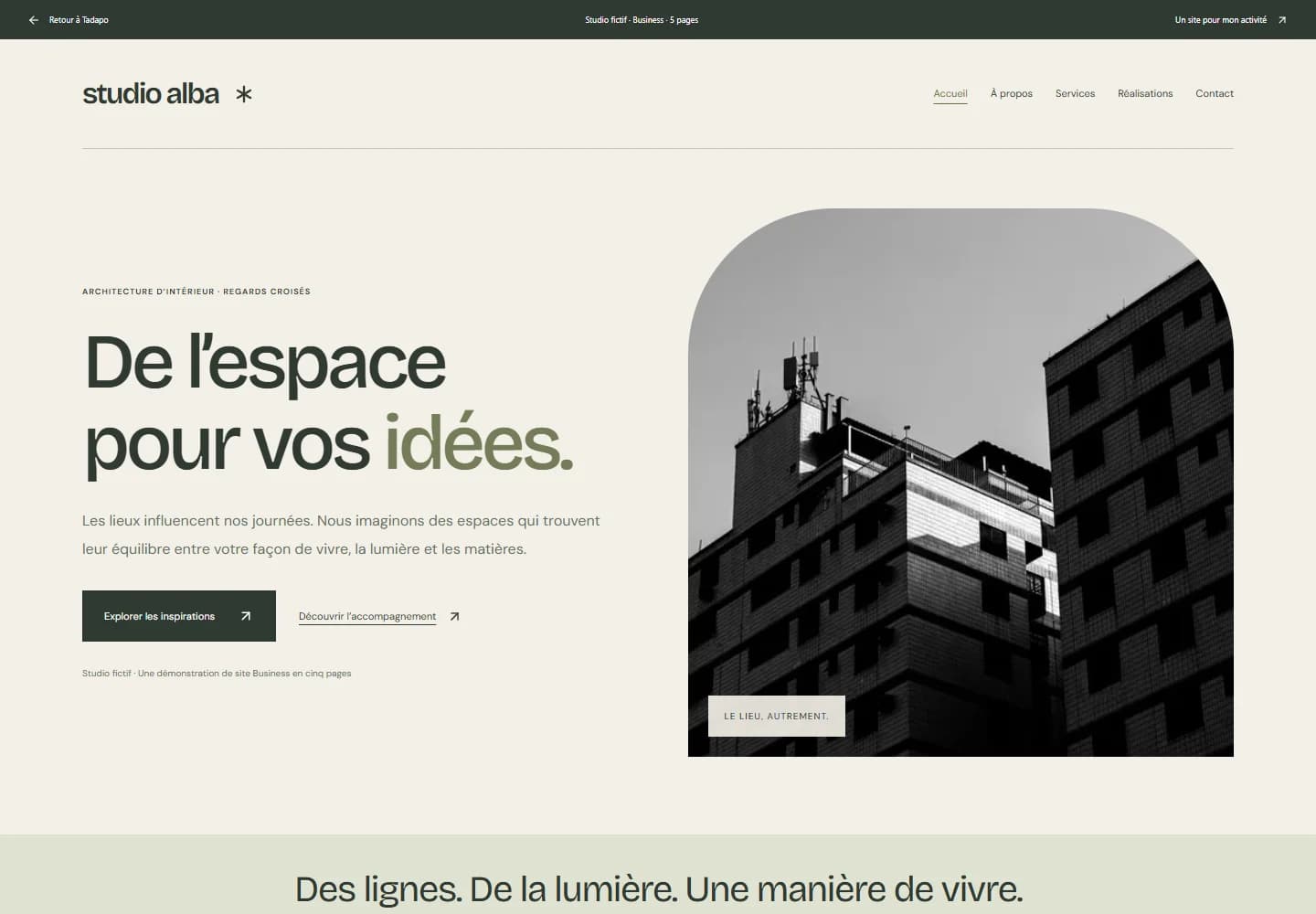 Capture de l’accueil de Studio Alba avec son menu reliant les cinq pages de démonstration Business
