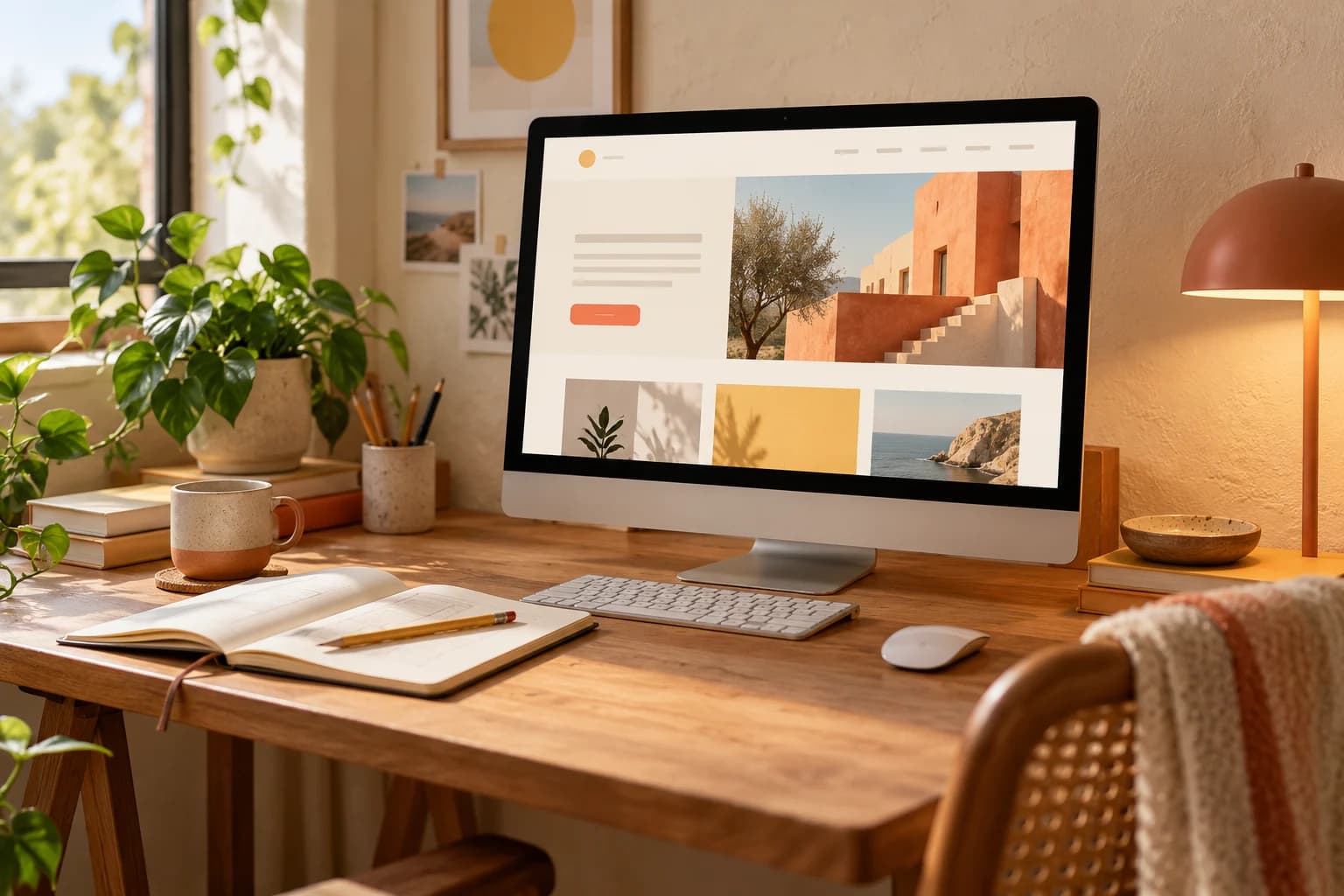 Illustration d’un espace de travail chaleureux, avec un bureau en bois, un carnet et un écran montrant une maquette de site aux couleurs corail et jaune.